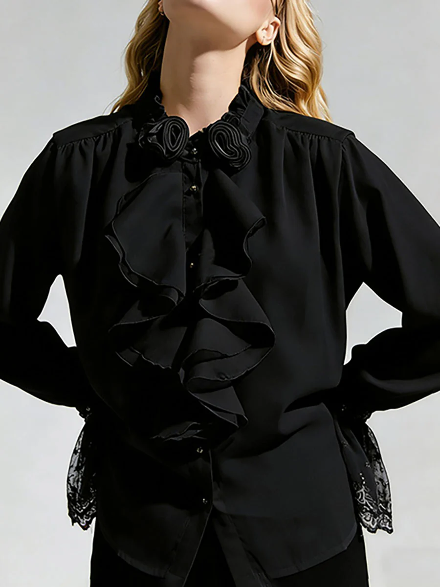 Long Sleeves Ruffle Sleeves Buttoned Pleated Ruffled Solid Color Split-Joint Stand Collar Blouses&Shirts Tops - Image 9