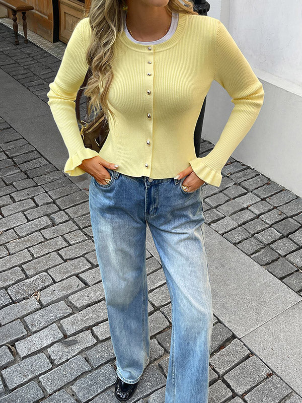 Long Sleeves Ruffle Sleeves Buttoned Ribbed Knit Single-Breasted Solid Color Collarless Cardigan Tops Outerwear - Image 4