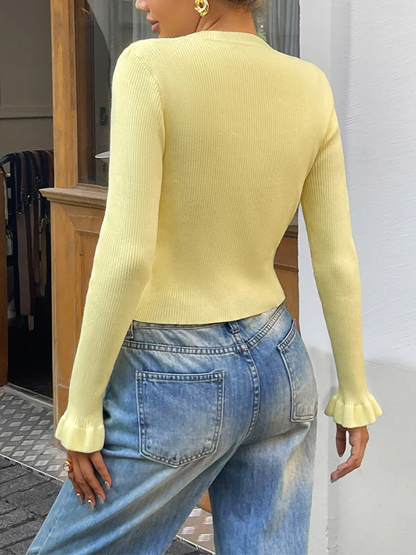 Long Sleeves Ruffle Sleeves Buttoned Ribbed Knit Single-Breasted Solid Color Collarless Cardigan Tops Outerwear - Image 5