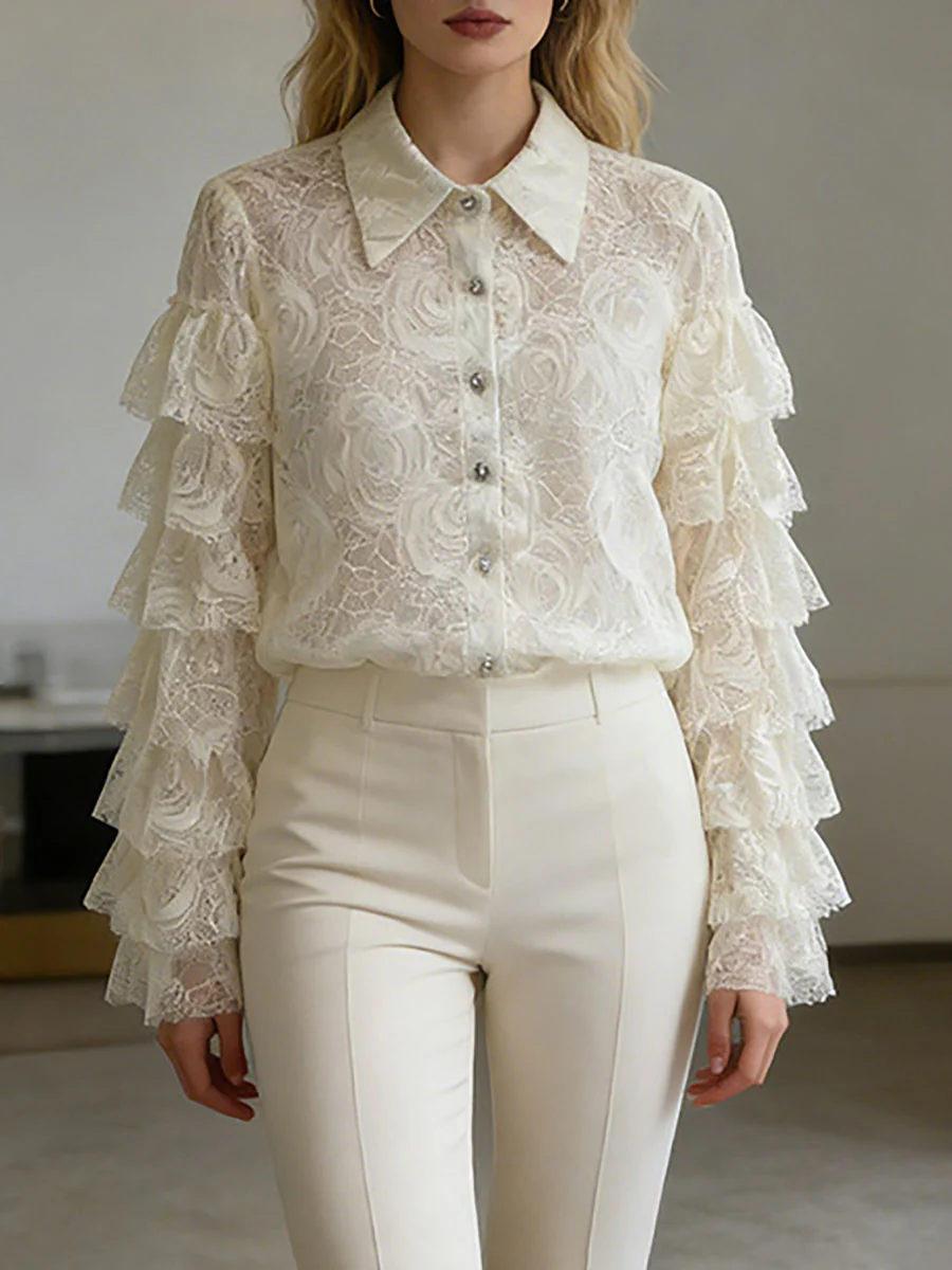 Long Sleeves Ruffle Sleeves Buttoned Solid Color Split-Joint Lapel Blouses&Shirts Tops - Image 2