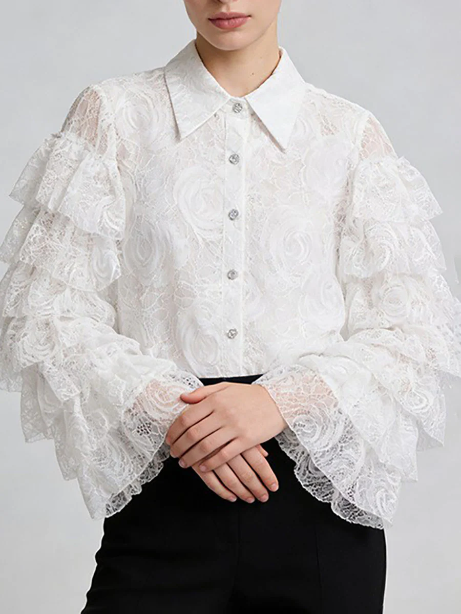Long Sleeves Ruffle Sleeves Buttoned Solid Color Split-Joint Lapel Blouses&Shirts Tops - Image 3