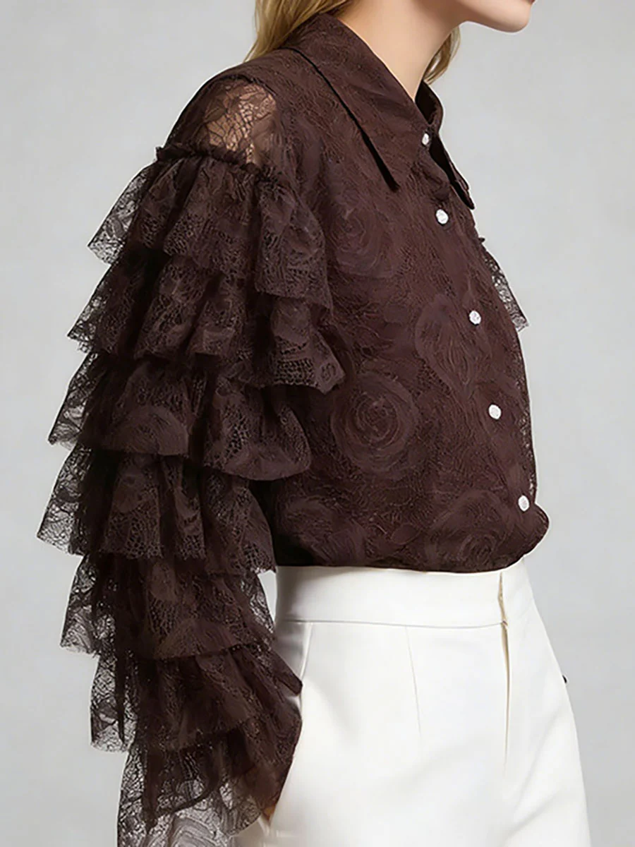 Long Sleeves Ruffle Sleeves Buttoned Solid Color Split-Joint Lapel Blouses&Shirts Tops - Image 4