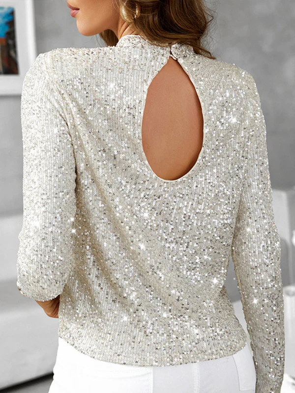 Long Sleeves Sequined Shiny Solid Color Stand Collar T-Shirts Tops - Image 5