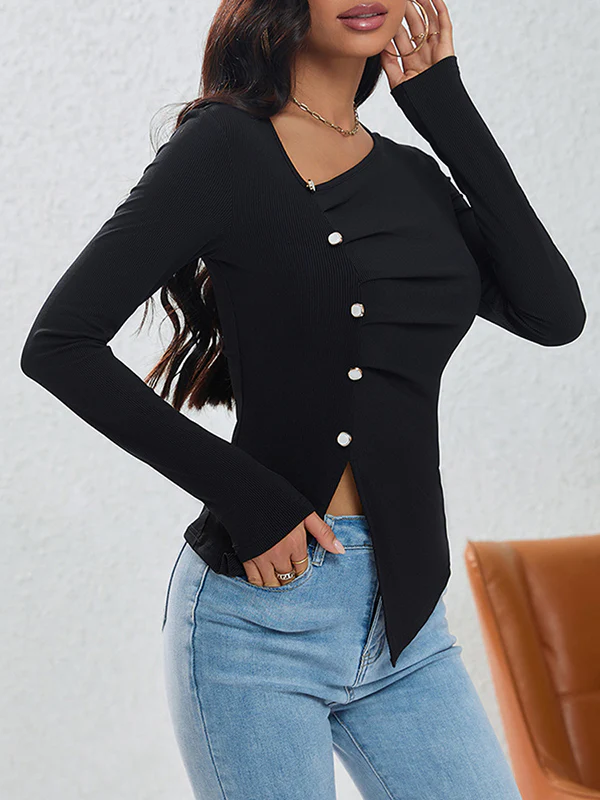 Long Sleeves Skinny Asymmetric Buttoned Pleated Asymmetric Collar T-Shirts Tops - Image 2