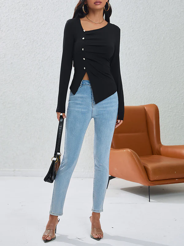 Long Sleeves Skinny Asymmetric Buttoned Pleated Asymmetric Collar T-Shirts Tops - Image 6