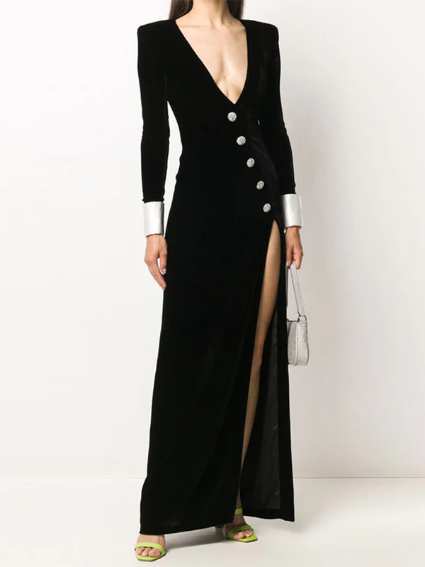 Long Sleeves Skinny Asymmetric Buttoned Shoulder Pad Split-Front Deep V-Neck Maxi Dresses - Image 2