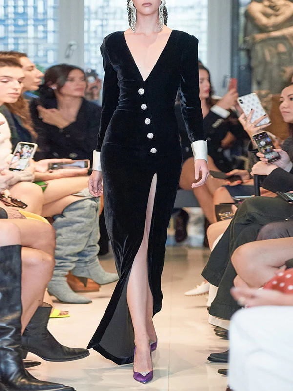 Long Sleeves Skinny Asymmetric Buttoned Shoulder Pad Split-Front Deep V-Neck Maxi Dresses - Image 4