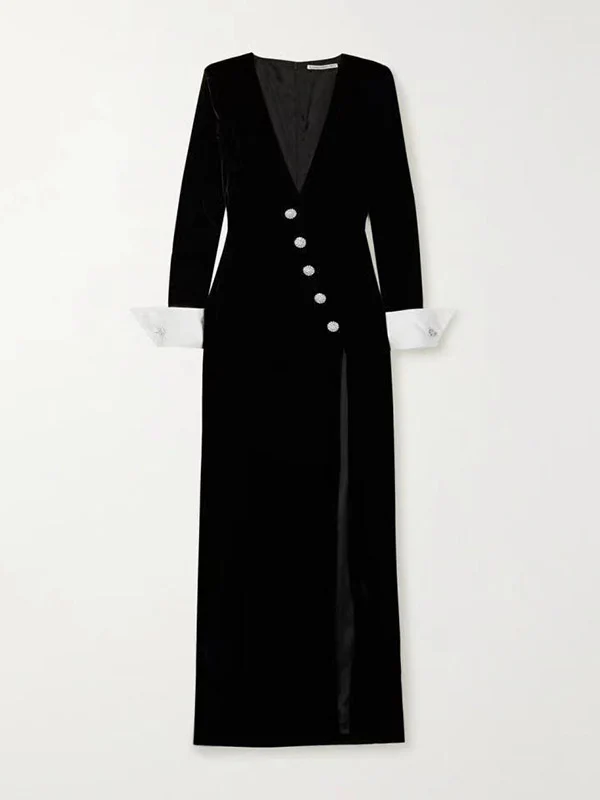Long Sleeves Skinny Asymmetric Buttoned Shoulder Pad Split-Front Deep V-Neck Maxi Dresses - Image 7