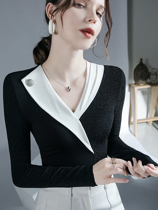 Long Sleeves Skinny Asymmetric Contrast Color Split-Joint V-Neck Blouses&Shirts Tops - Image 2