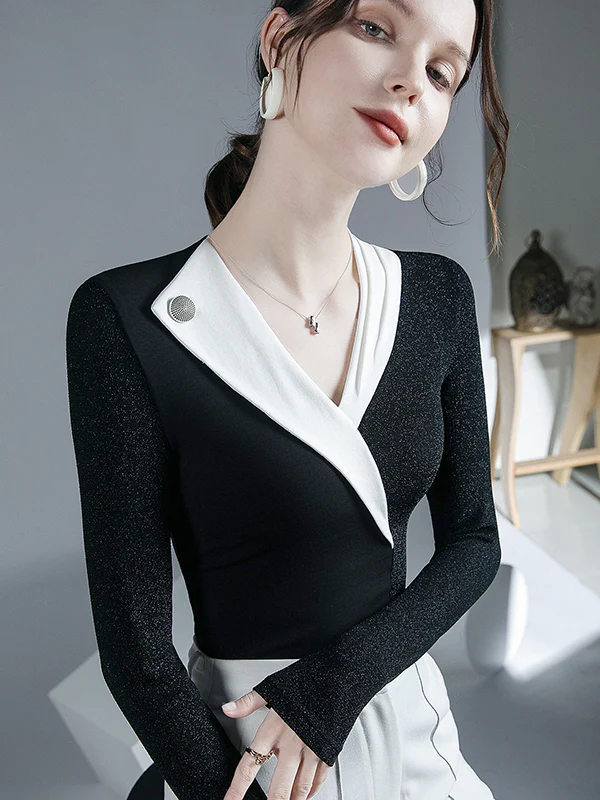 Long Sleeves Skinny Asymmetric Contrast Color Split-Joint V-Neck Blouses&Shirts Tops - Image 3