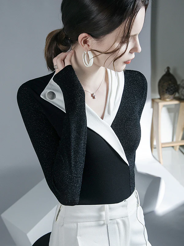 Long Sleeves Skinny Asymmetric Contrast Color Split-Joint V-Neck Blouses&Shirts Tops - Image 7