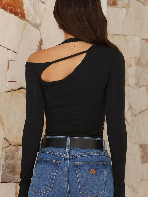Long Sleeves Skinny Asymmetric Hollow Solid Color Asymmetric Collar T-Shirts Tops - Image 17
