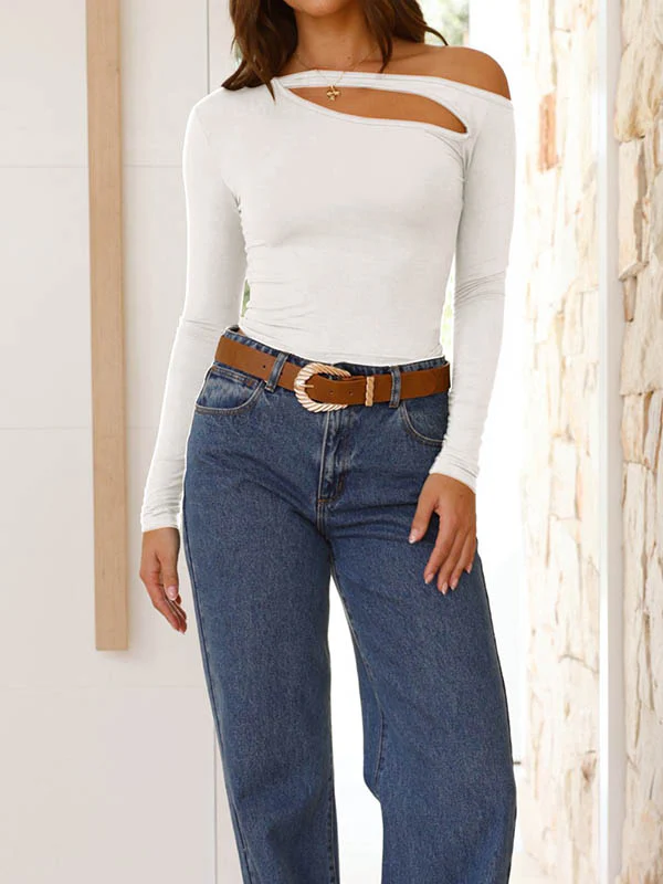 Long Sleeves Skinny Asymmetric Hollow Solid Color Asymmetric Collar T-Shirts Tops - Image 19