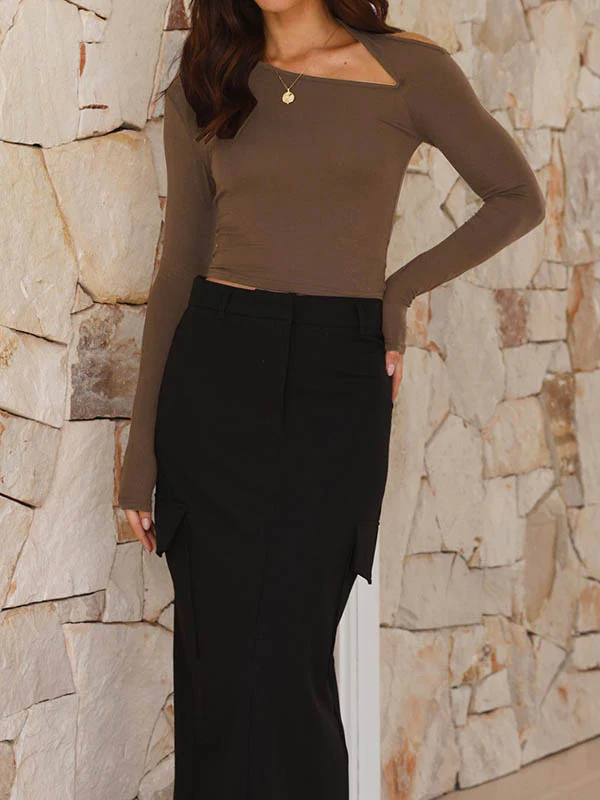Long Sleeves Skinny Asymmetric Hollow Solid Color Asymmetric Collar T-Shirts Tops - Image 7