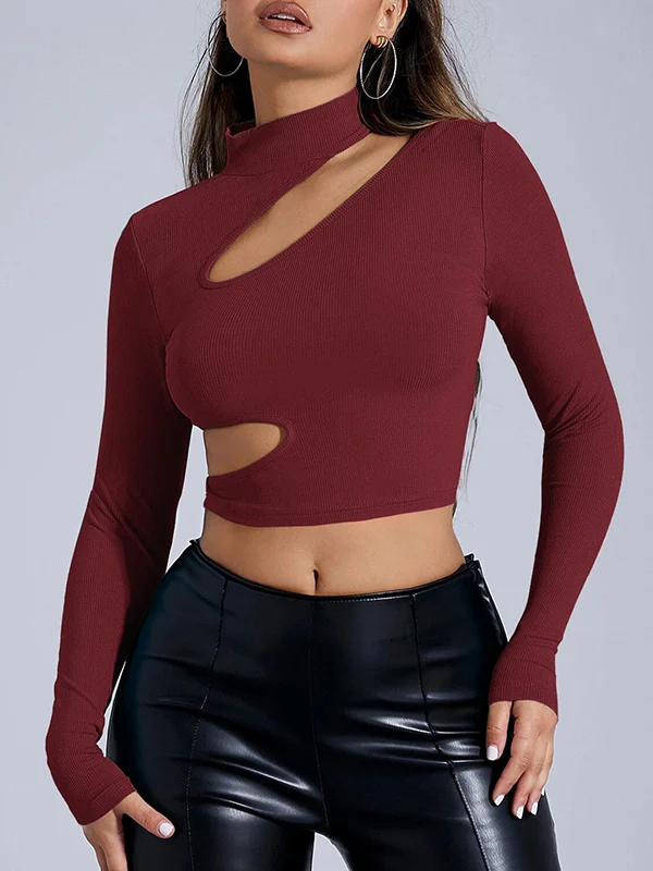 Long Sleeves Skinny Asymmetric Hollow Solid Color Split-Joint High Neck T-Shirts - Image 2