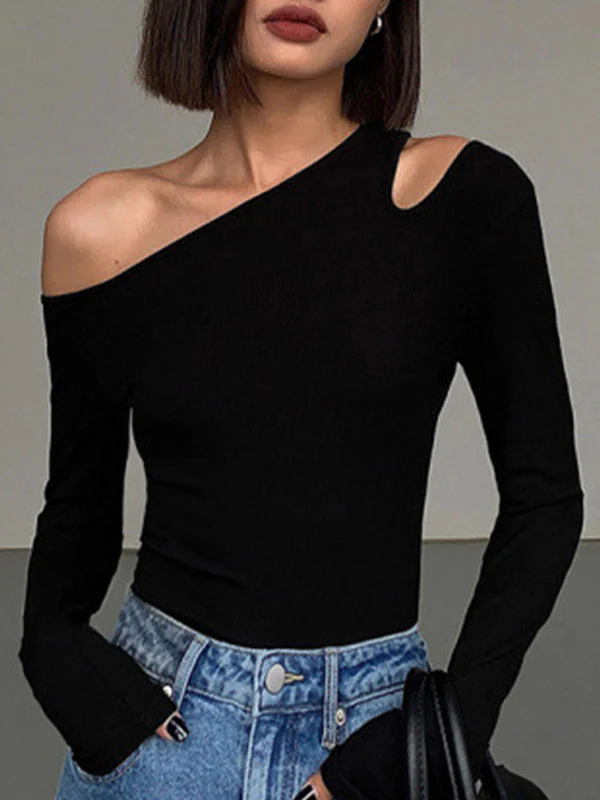 Long Sleeves Skinny Asymmetric Hollow Solid Color Split-Joint One-shoulder T-shirts - Image 2