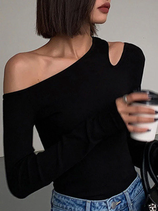 Long Sleeves Skinny Asymmetric Hollow Solid Color Split-Joint One-shoulder T-shirts - Image 3