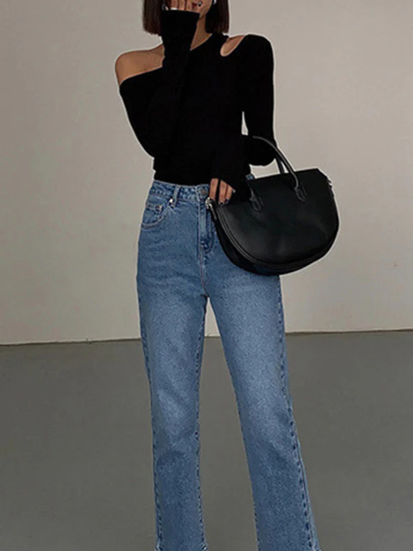 Long Sleeves Skinny Asymmetric Hollow Solid Color Split-Joint One-shoulder T-shirts - Image 4
