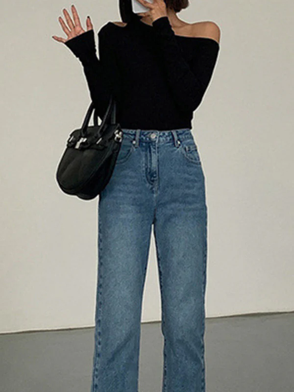 Long Sleeves Skinny Asymmetric Hollow Solid Color Split-Joint One-shoulder T-shirts - Image 5