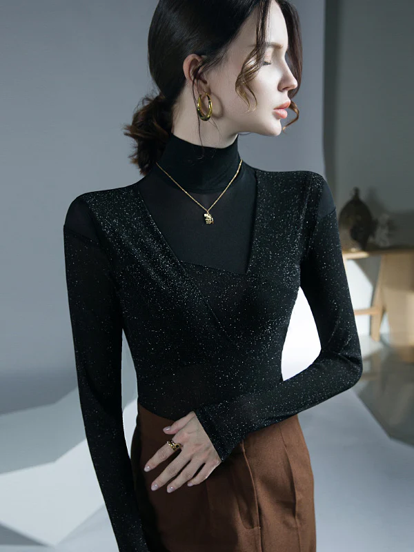 Long Sleeves Skinny Asymmetric Mesh See-Through Shiny Split-Joint Half Turtleneck Blouses&Shirts Tops - Image 3