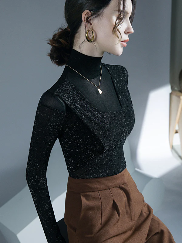 Long Sleeves Skinny Asymmetric Mesh See-Through Shiny Split-Joint Half Turtleneck Blouses&Shirts Tops - Image 4