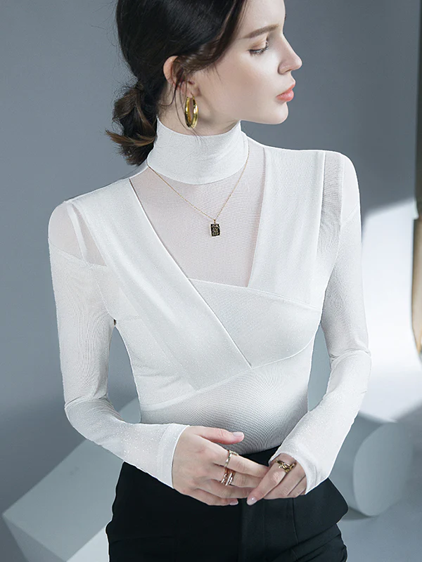 Long Sleeves Skinny Asymmetric Mesh See-Through Shiny Split-Joint Half Turtleneck Blouses&Shirts Tops - Image 5
