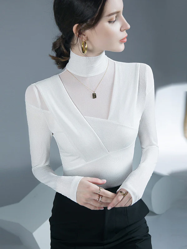 Long Sleeves Skinny Asymmetric Mesh See-Through Shiny Split-Joint Half Turtleneck Blouses&Shirts Tops - Image 6