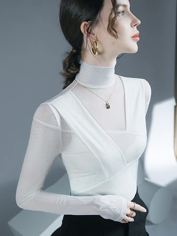 Long Sleeves Skinny Asymmetric Mesh See-Through Shiny Split-Joint Half Turtleneck Blouses&Shirts Tops - Image 7