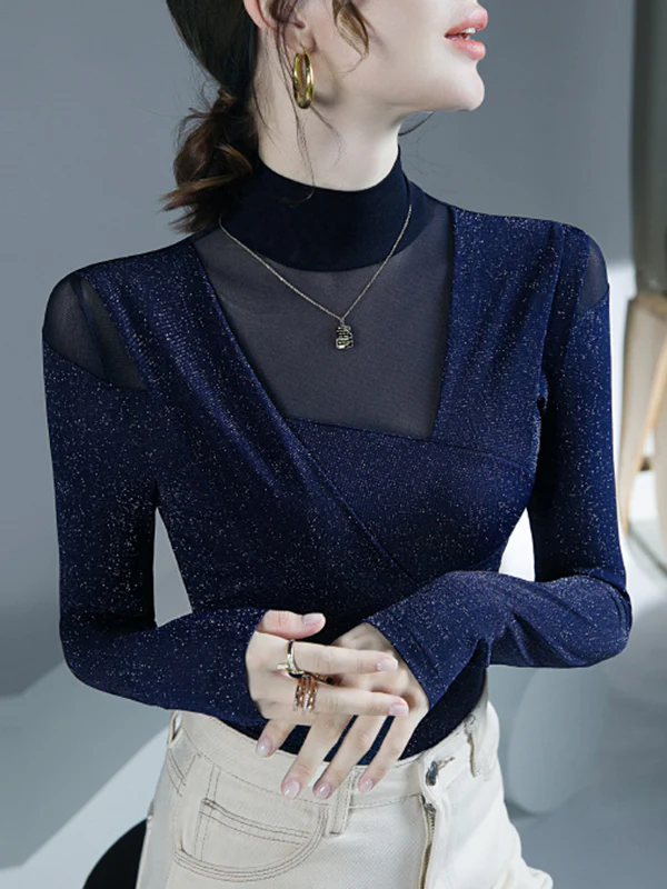 Long Sleeves Skinny Asymmetric Mesh See-Through Shiny Split-Joint Half Turtleneck Blouses&Shirts Tops - Image 8