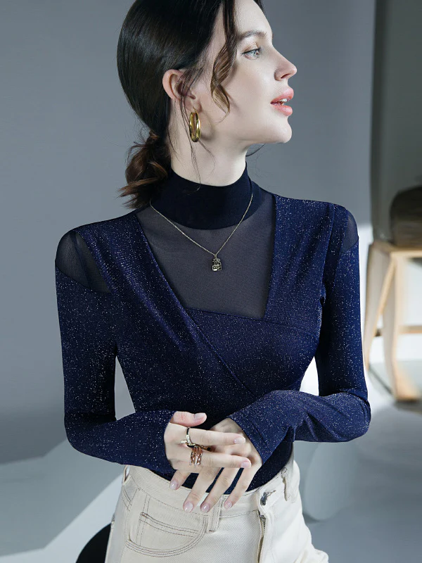 Long Sleeves Skinny Asymmetric Mesh See-Through Shiny Split-Joint Half Turtleneck Blouses&Shirts Tops - Image 9