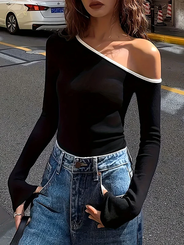 Long Sleeves Skinny Asymmetric One-Shoulder T-Shirts Tops - Image 3