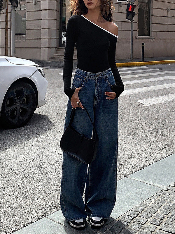 Long Sleeves Skinny Asymmetric One-Shoulder T-Shirts Tops - Image 5