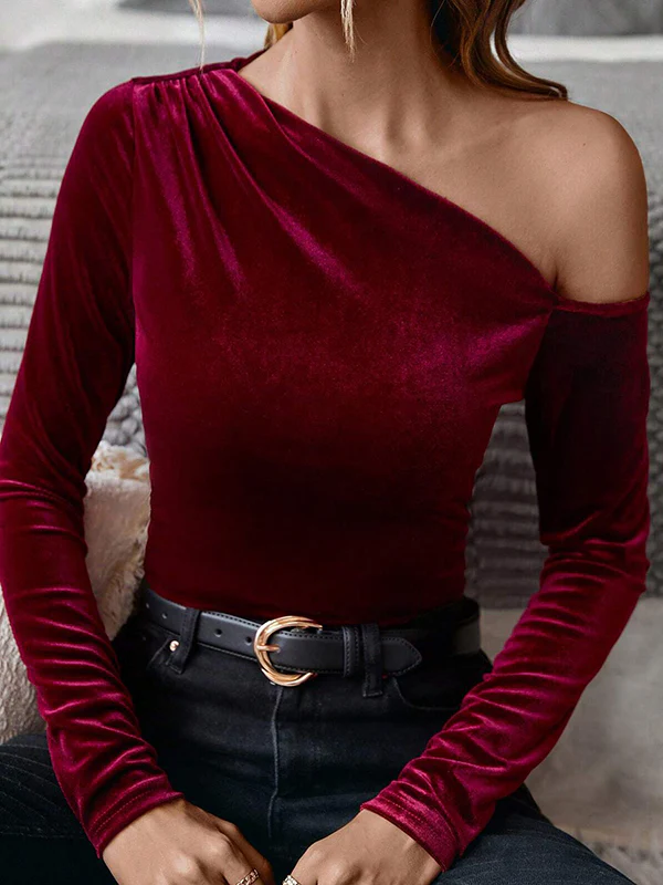 Long Sleeves Skinny Asymmetric Pleated Solid Color Velvet One-Shoulder T-Shirts Tops - Image 3