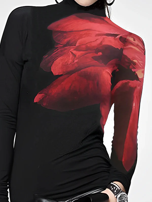 Long Sleeves Skinny Asymmetric Printed Split-Joint High Neck T-Shirts Tops - Image 2