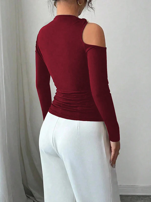 Long Sleeves Skinny Asymmetric Solid Color Asymmetric Neckline T-Shirts - Image 11