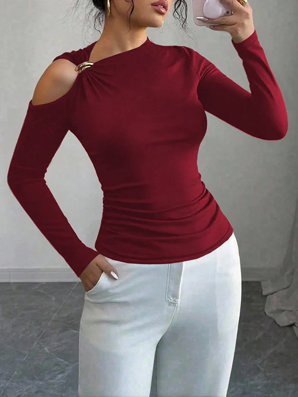 Long Sleeves Skinny Asymmetric Solid Color Asymmetric Neckline T-Shirts - Image 2