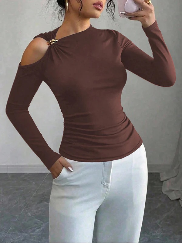 Long Sleeves Skinny Asymmetric Solid Color Asymmetric Neckline T-Shirts - Image 3