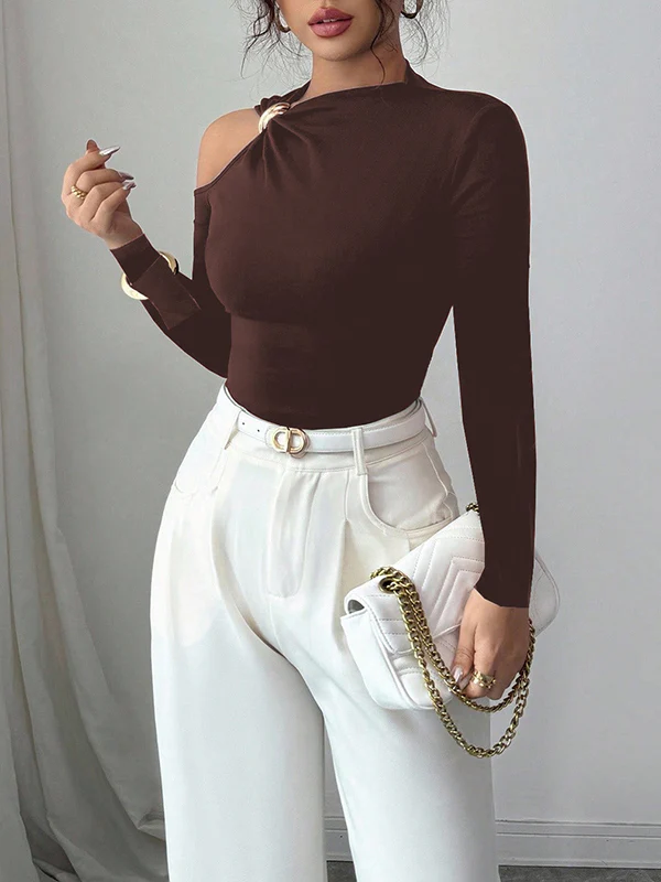 Long Sleeves Skinny Asymmetric Solid Color Asymmetric Neckline T-Shirts - Image 4