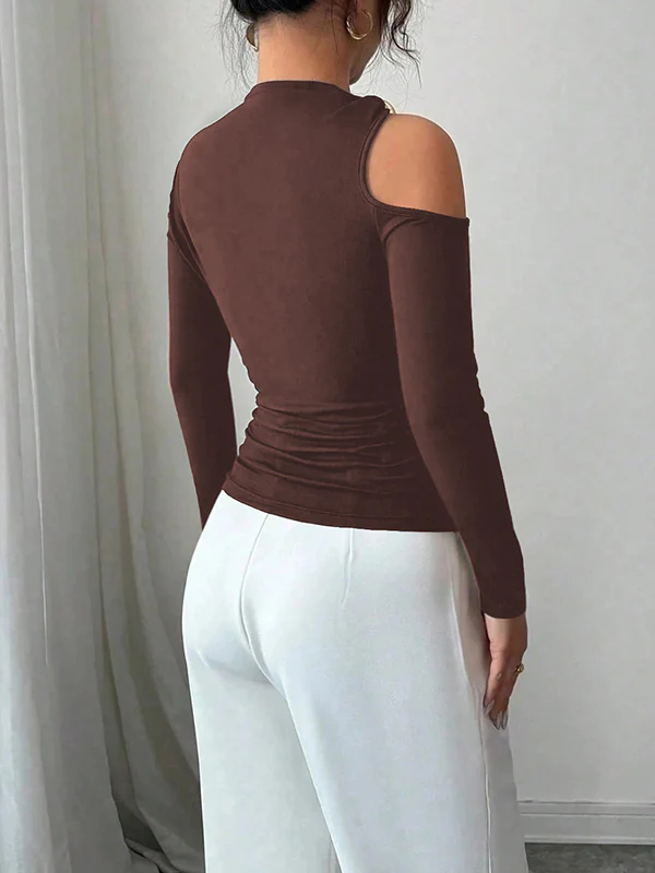 Long Sleeves Skinny Asymmetric Solid Color Asymmetric Neckline T-Shirts - Image 5