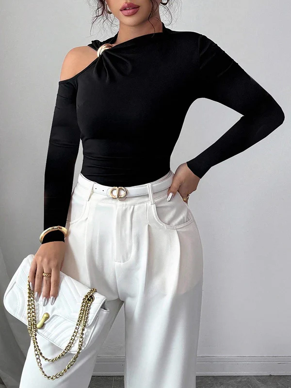 Long Sleeves Skinny Asymmetric Solid Color Asymmetric Neckline T-Shirts - Image 6