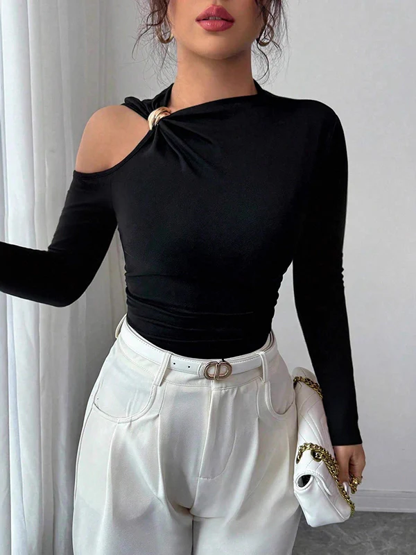 Long Sleeves Skinny Asymmetric Solid Color Asymmetric Neckline T-Shirts - Image 7