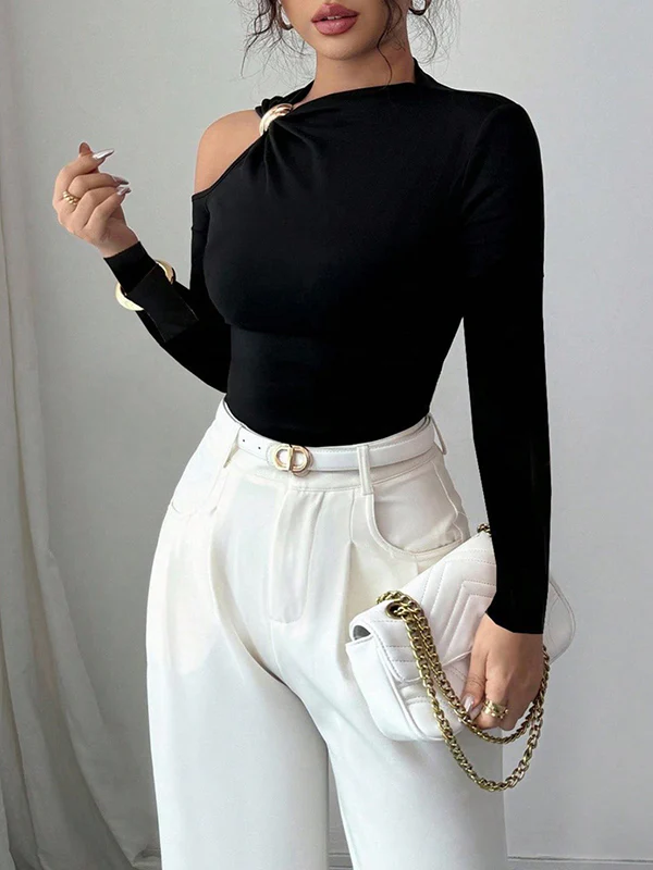 Long Sleeves Skinny Asymmetric Solid Color Asymmetric Neckline T-Shirts - Image 8