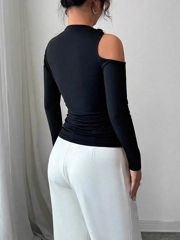 Long Sleeves Skinny Asymmetric Solid Color Asymmetric Neckline T-Shirts - Image 9