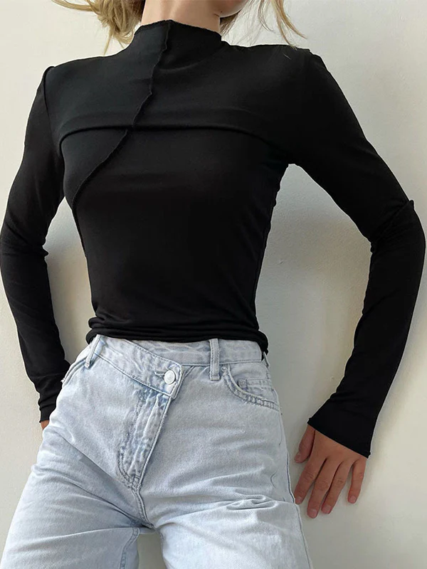 Long Sleeves Skinny Asymmetric Solid Color Mock Neck T-Shirts Tops - Image 10