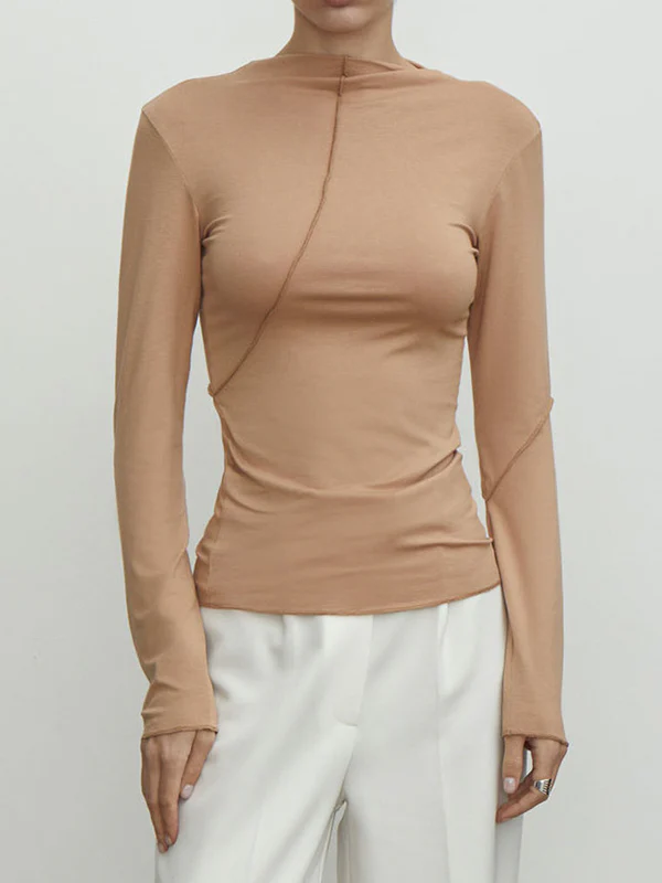 Long Sleeves Skinny Asymmetric Solid Color Mock Neck T-Shirts Tops - Image 11