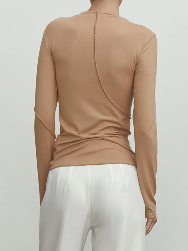 Long Sleeves Skinny Asymmetric Solid Color Mock Neck T-Shirts Tops - Image 12