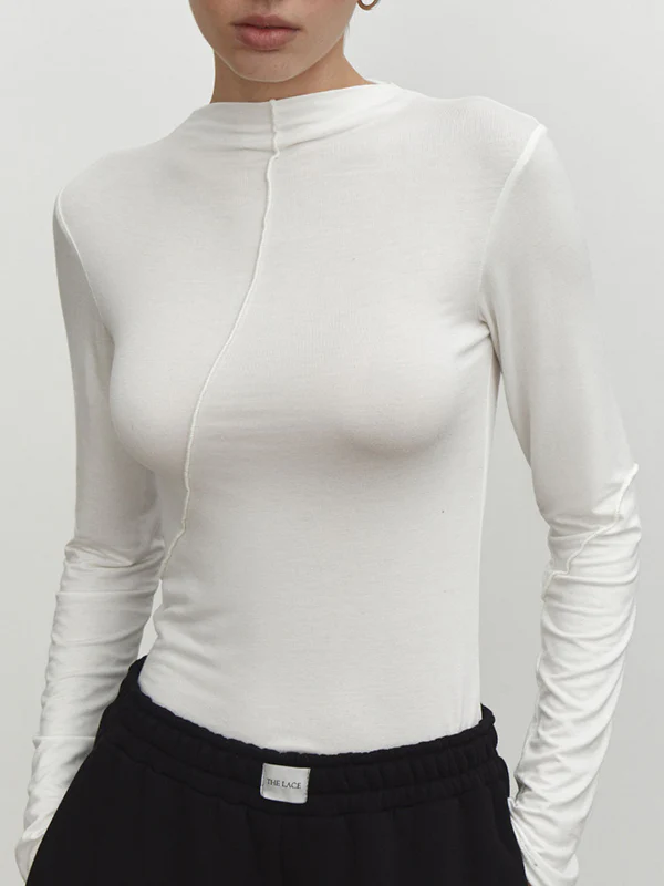 Long Sleeves Skinny Asymmetric Solid Color Mock Neck T-Shirts Tops - Image 3