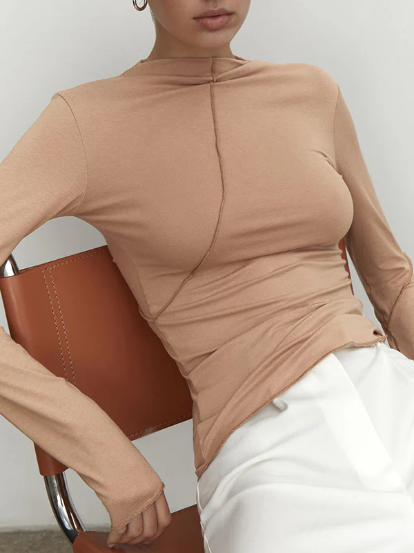 Long Sleeves Skinny Asymmetric Solid Color Mock Neck T-Shirts Tops - Image 4