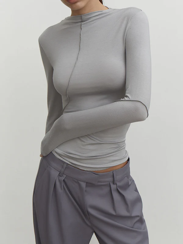 Long Sleeves Skinny Asymmetric Solid Color Mock Neck T-Shirts Tops - Image 5