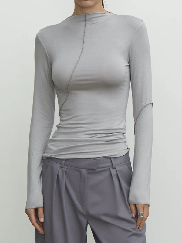 Long Sleeves Skinny Asymmetric Solid Color Mock Neck T-Shirts Tops - Image 6